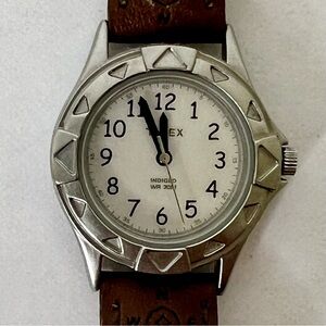 Timex Indiglo Women Watch Silver & White w/Brown Leather Wristband